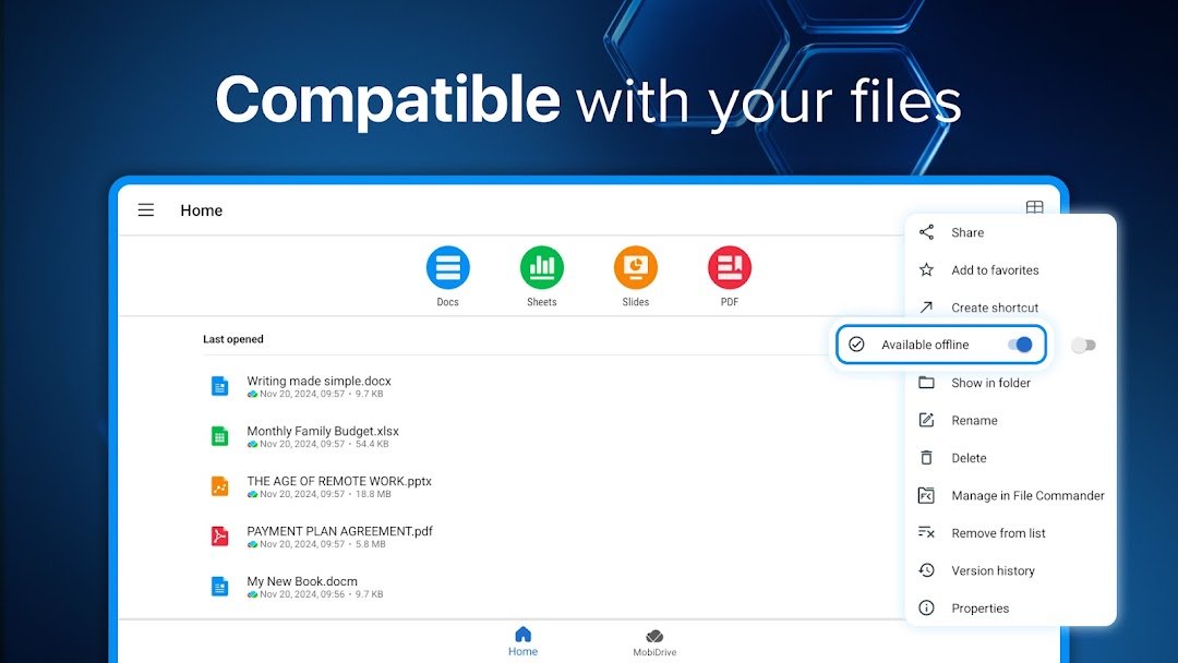Home screen listing recent DOCX, XLSX and PDF files