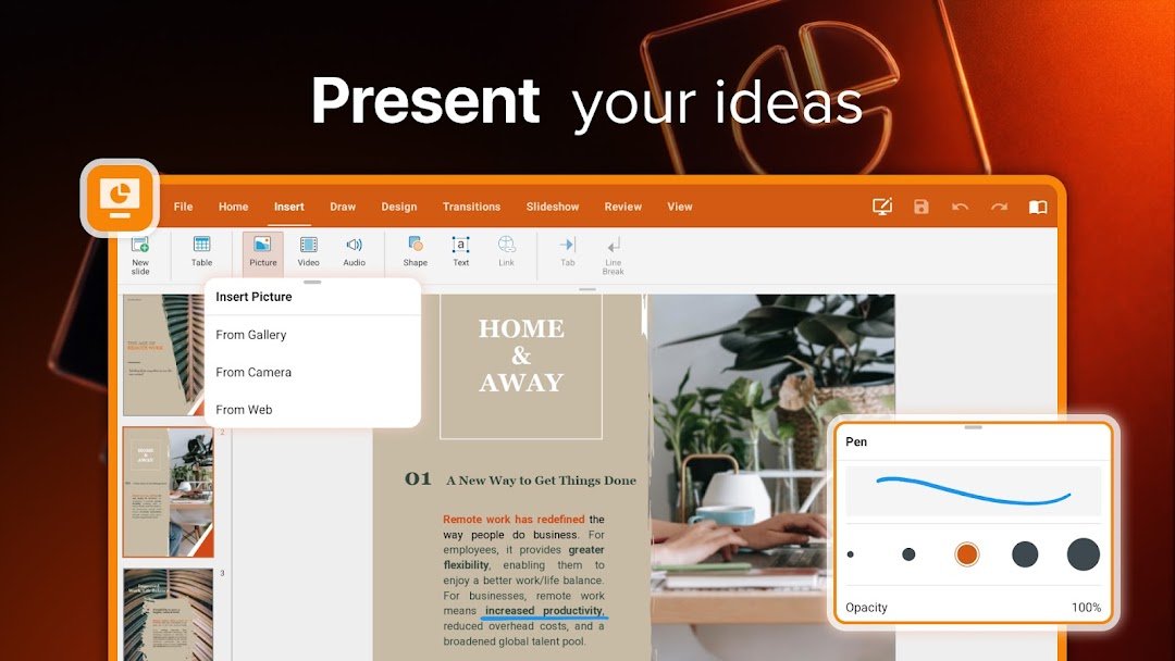 WPS Presentation insert-picture tools on a branded orange ribbon