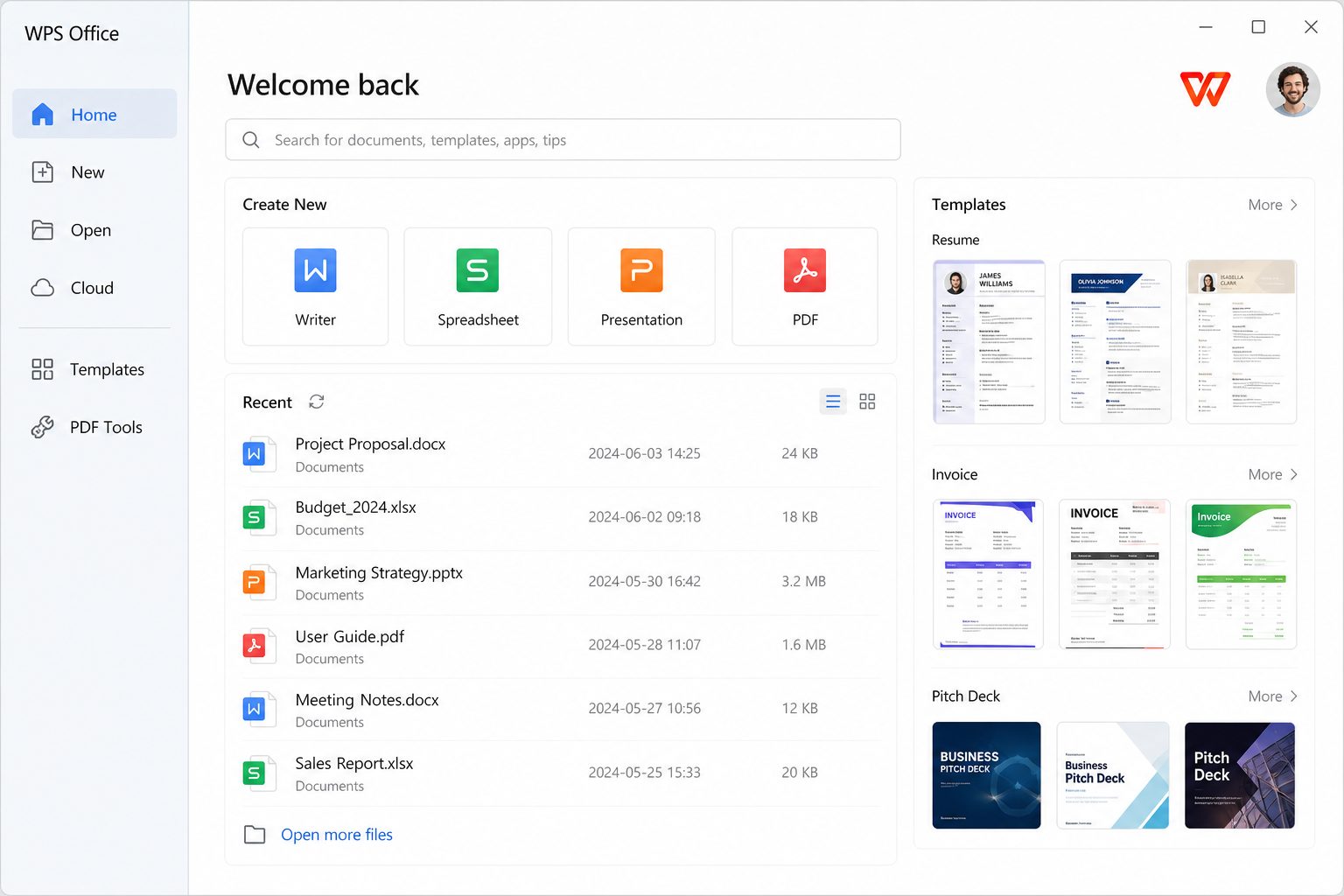 WPS Office desktop home screen with Writer, Spreadsheet, Presentation and PDF shortcuts