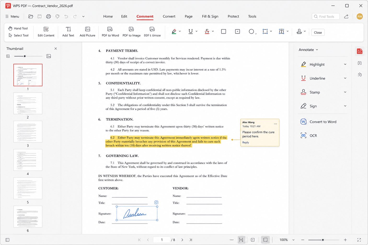 WPS PDF desktop editor with comments, highlight and convert tools